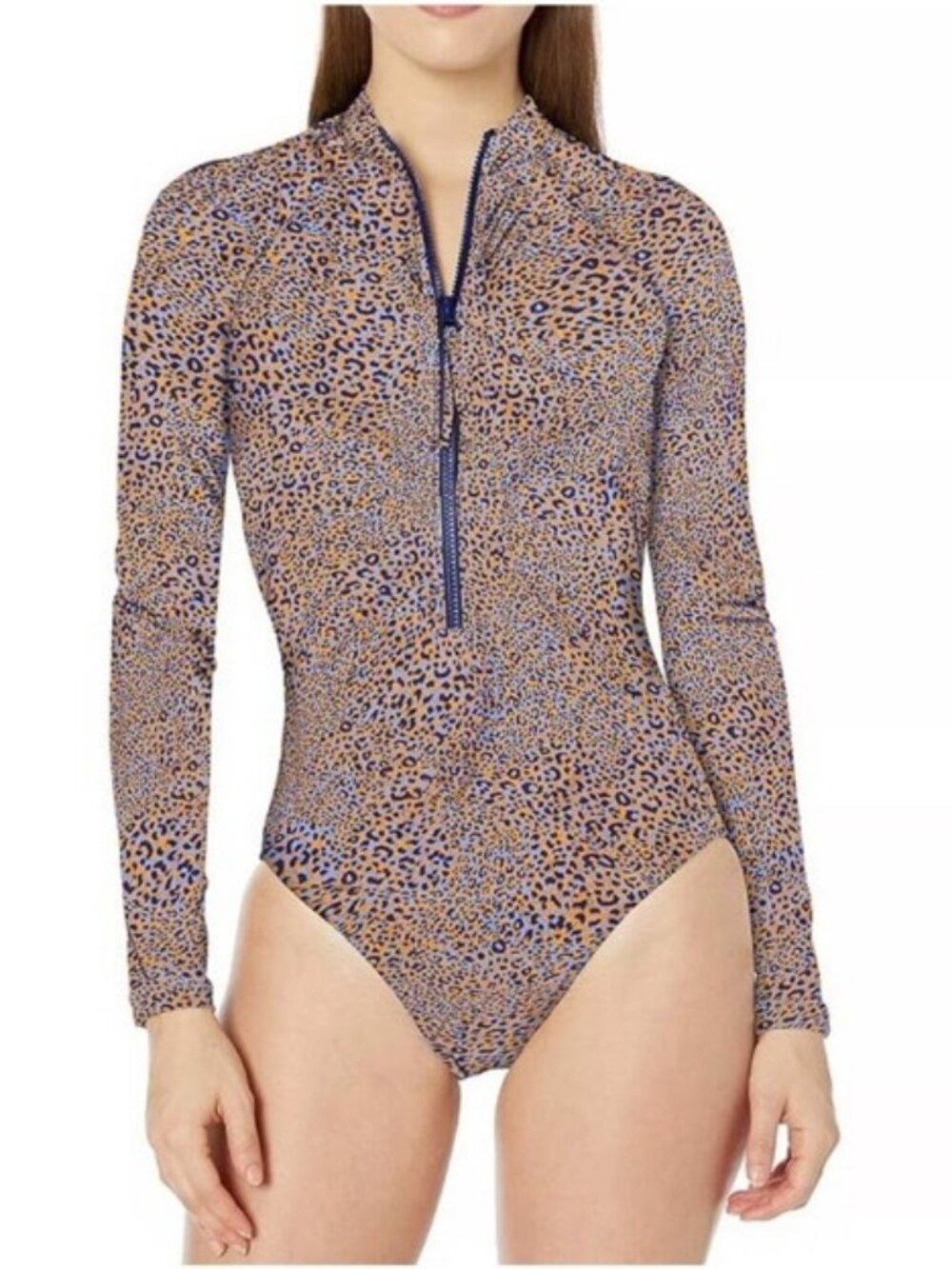 Seafolly Australia Rashguard One-Piece Swimsuit Long-Sleeve Brown Leopard 12